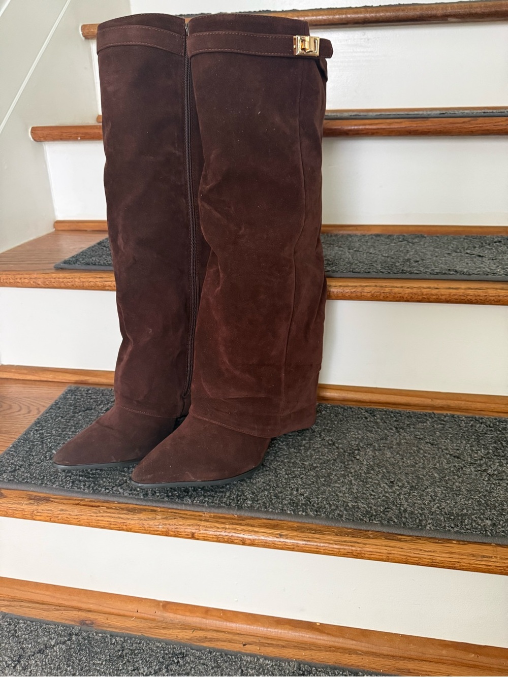 Tracy Over-the-Knee Suede Boots in Dark Brown with Gold Buckle Detail
